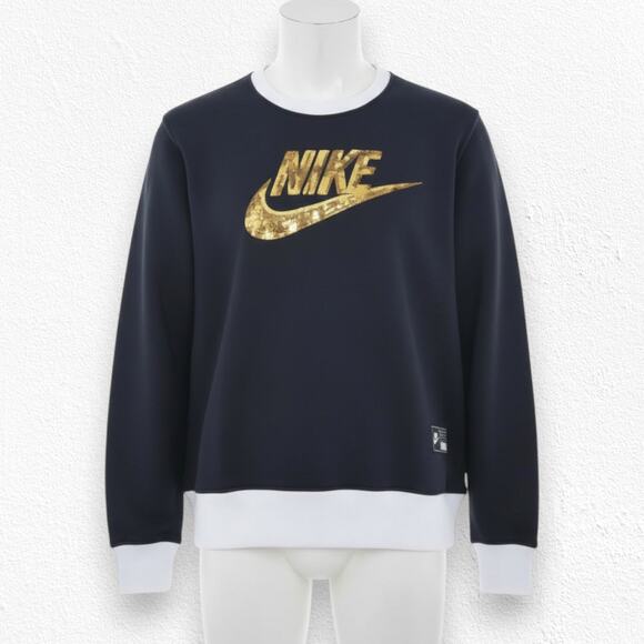 Nike Black Gold Sequin Logo Pullover Athletic Crewneck Sweatshirt Size Medium - Picture 1 of 8